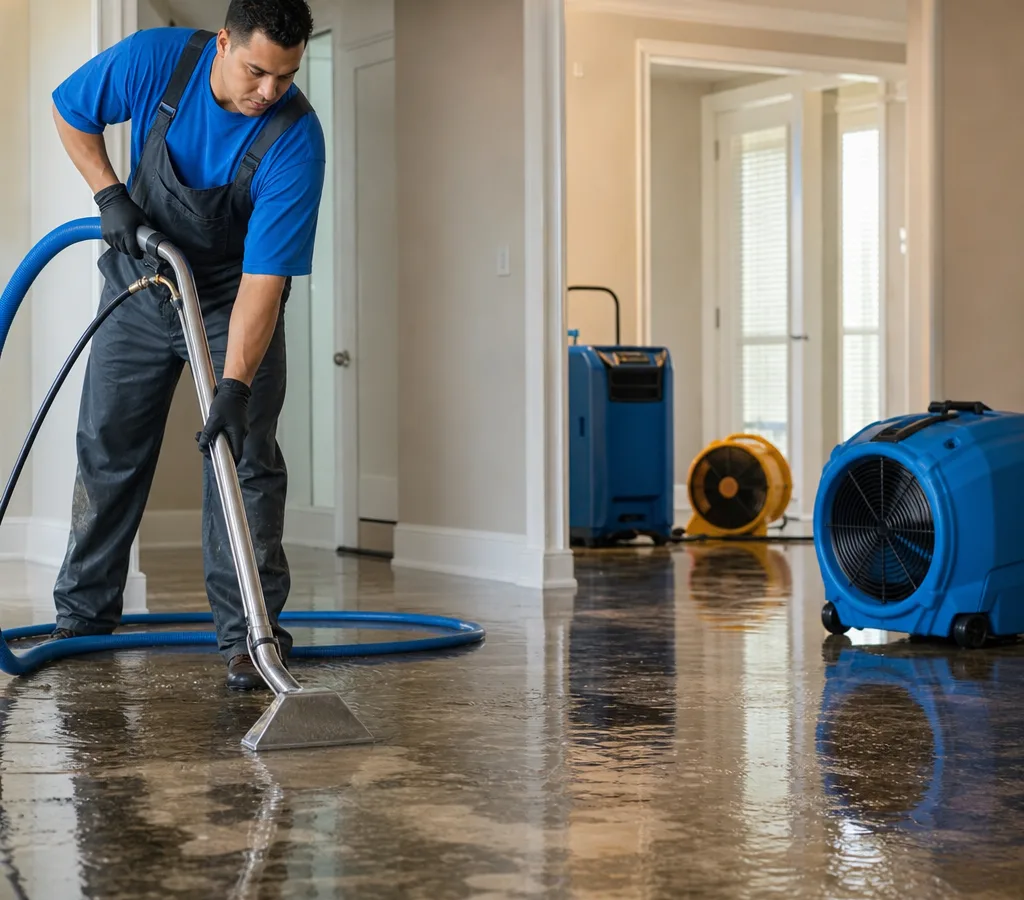 Technician extracting water from a flooded room in a Cypress-area home with drying equipment operating nearby