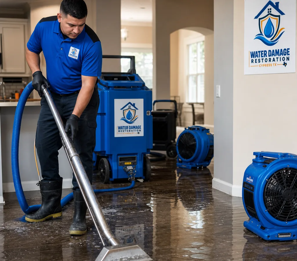 Technician extracting water from a flooded room in a Cypress-area home with drying equipment operating nearby