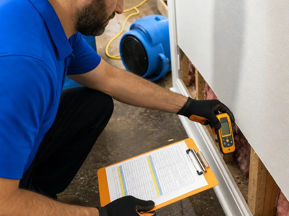 Technician checking baseboard and drywall moisture readings beside a drying log