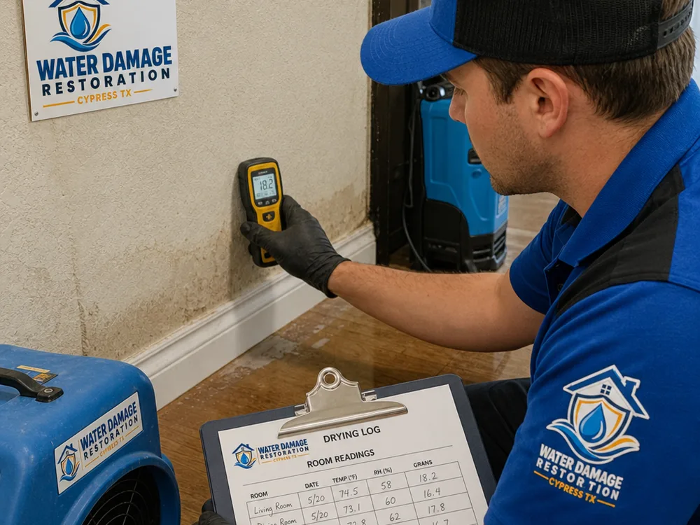 Technician checking baseboard and drywall moisture readings beside a drying log