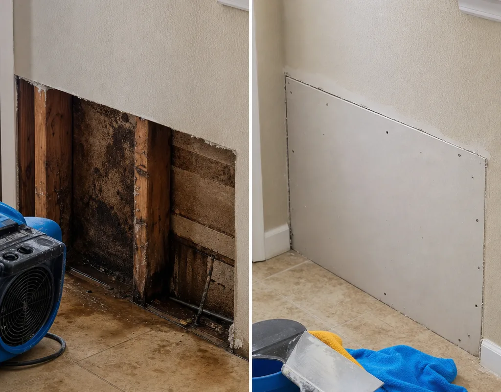 Water-damaged lower drywall before drying and the same area dry with replacement drywall ready for finishing