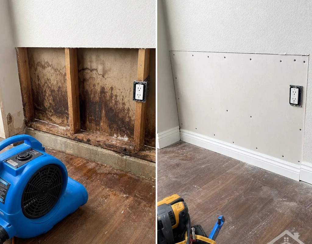 Water-damaged lower drywall before drying and the same area dry with replacement drywall ready for finishing