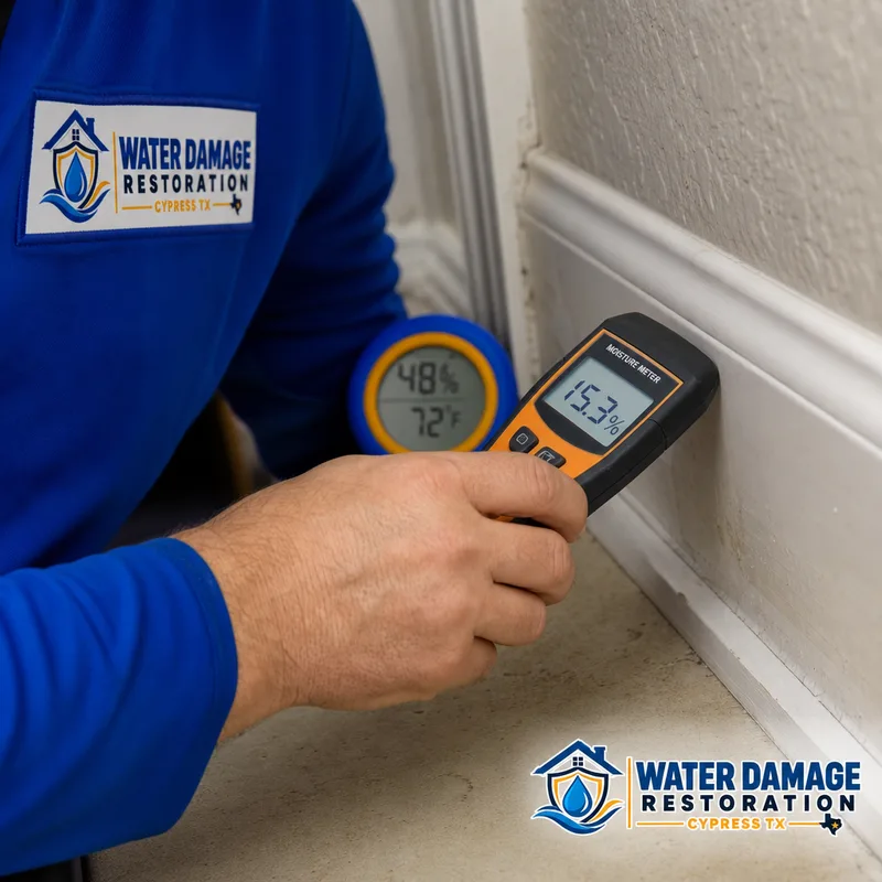 Technician taking moisture readings on baseboard and drywall with a moisture meter and hygrometer nearby