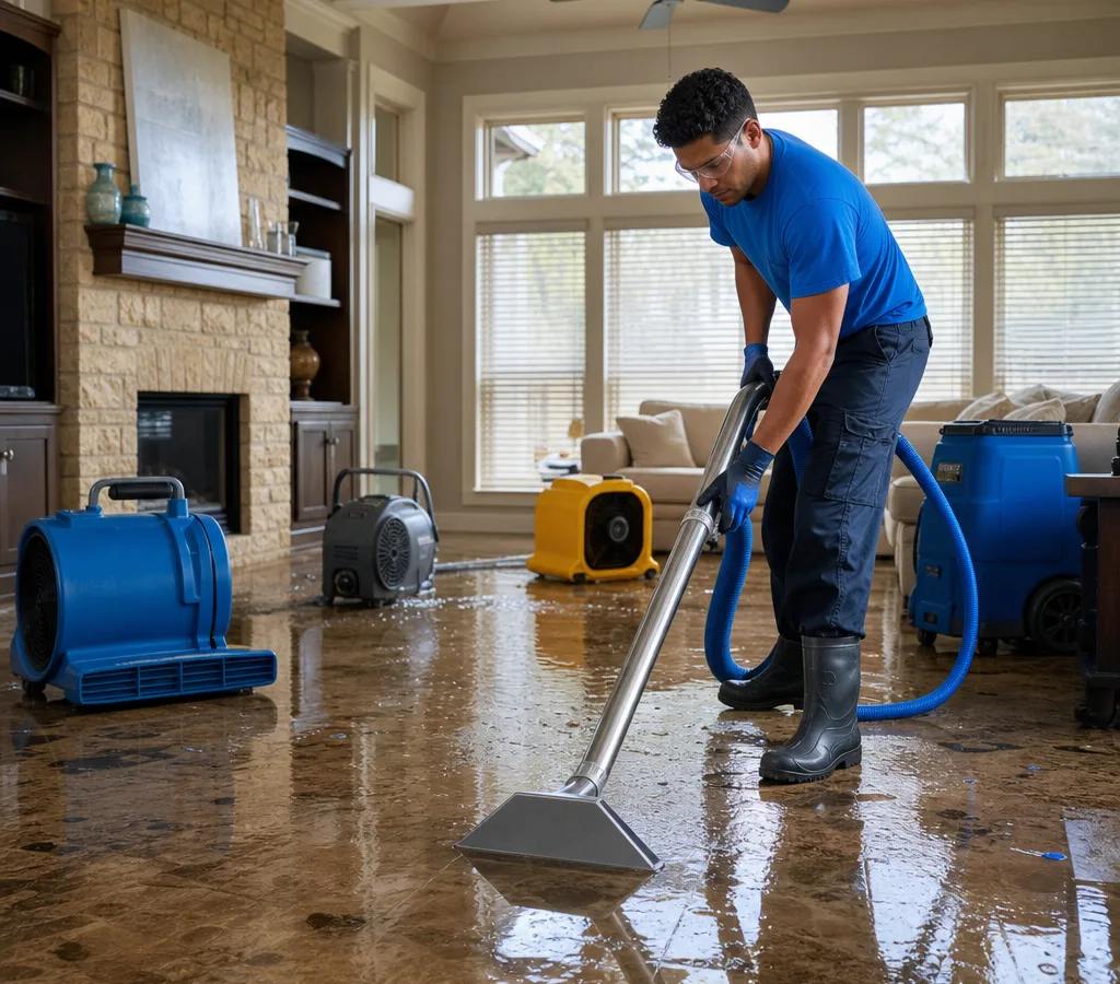 Technician in protective gear extracting water from a flooded residential living room with drying equipment nearby