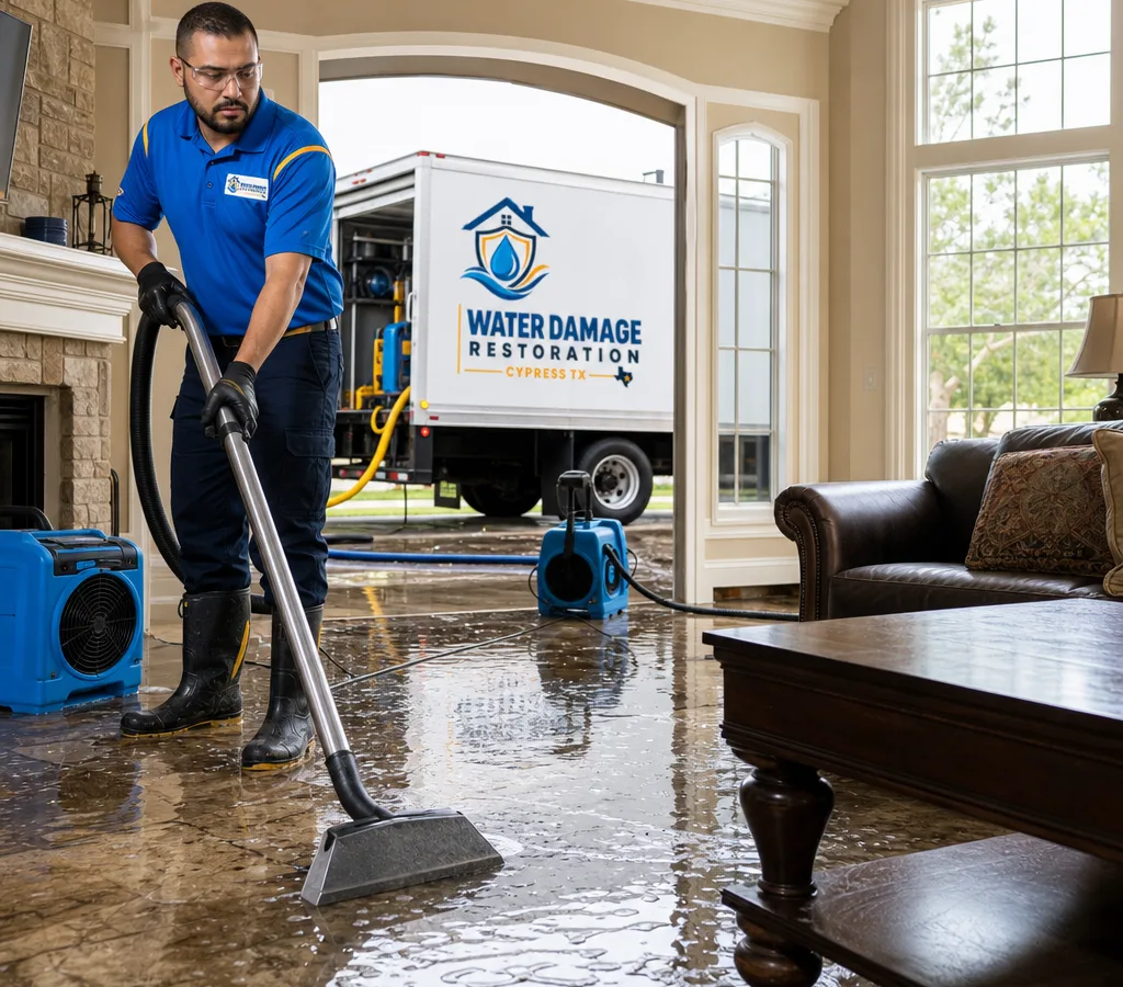 Technician in protective gear extracting water from a flooded residential living room with drying equipment nearby