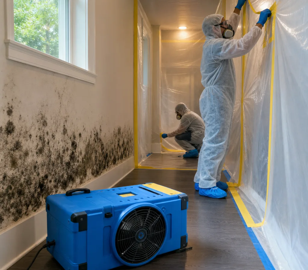 Certified mold remediation technicians setting up containment and air filtration in a residential hallway