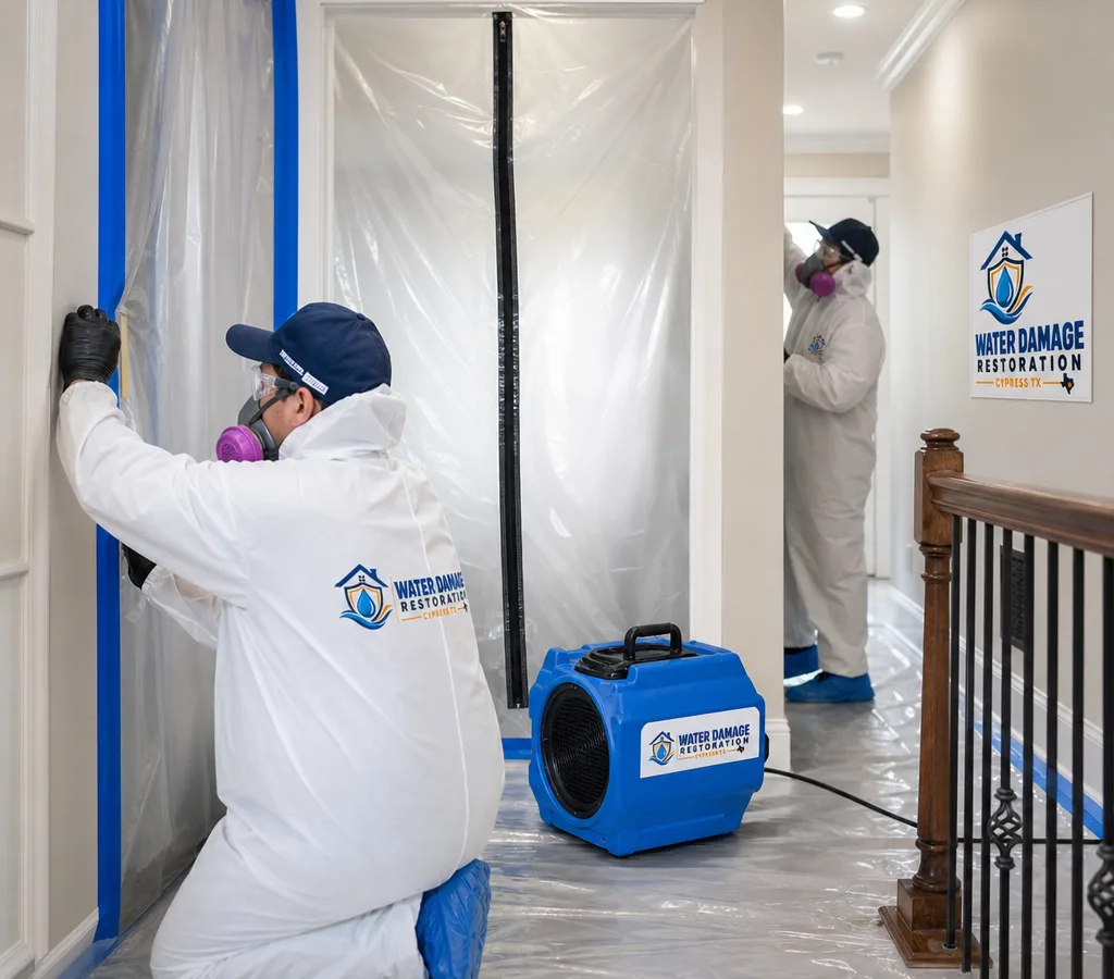 Certified mold remediation technicians setting up containment and air filtration in a residential hallway