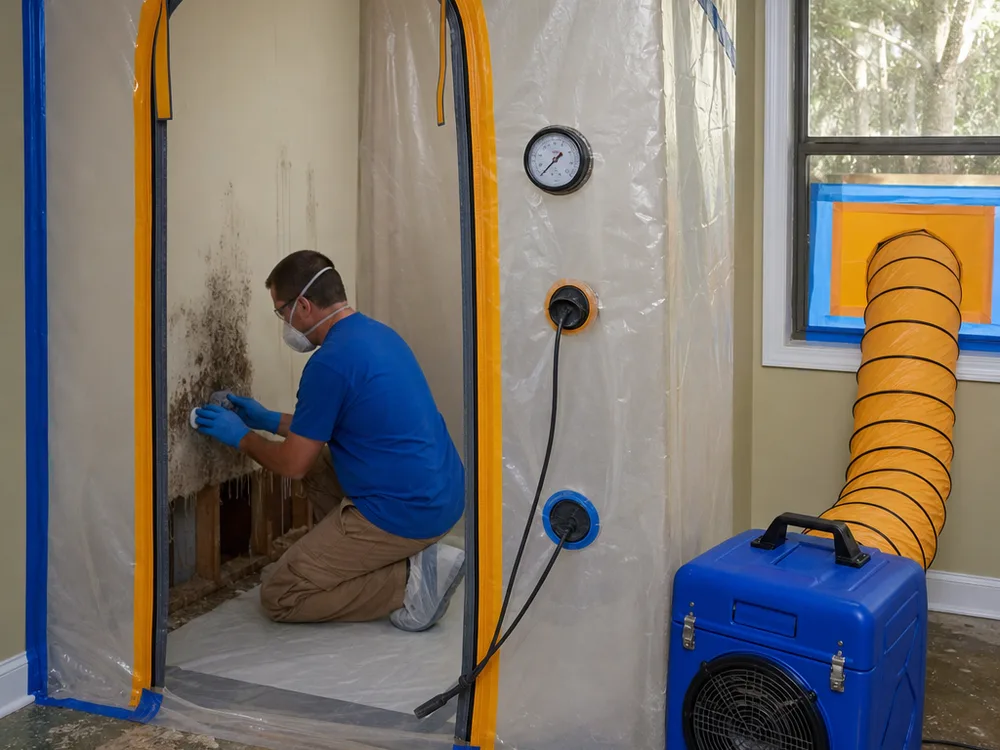 Contained mold remediation room with zipper door, pressure gauge, and HEPA negative air machine