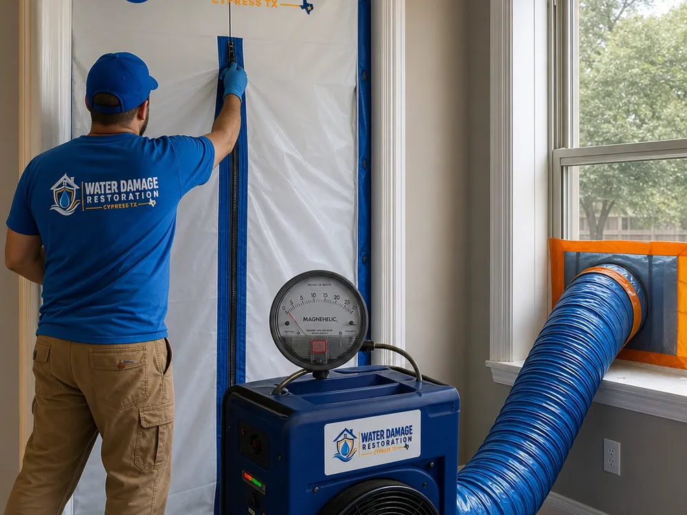 Contained mold remediation room with zipper door, pressure gauge, and HEPA negative air machine