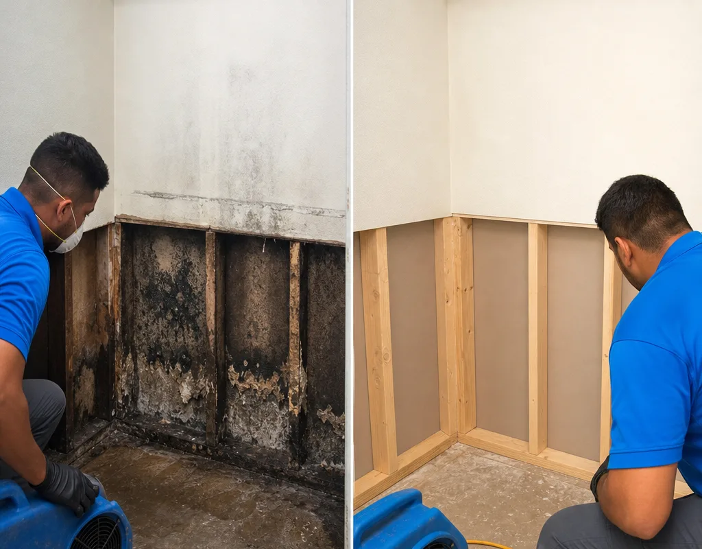 Before-and-after view of visible growth and staining in a closet wall followed by clean framing and treated surfaces