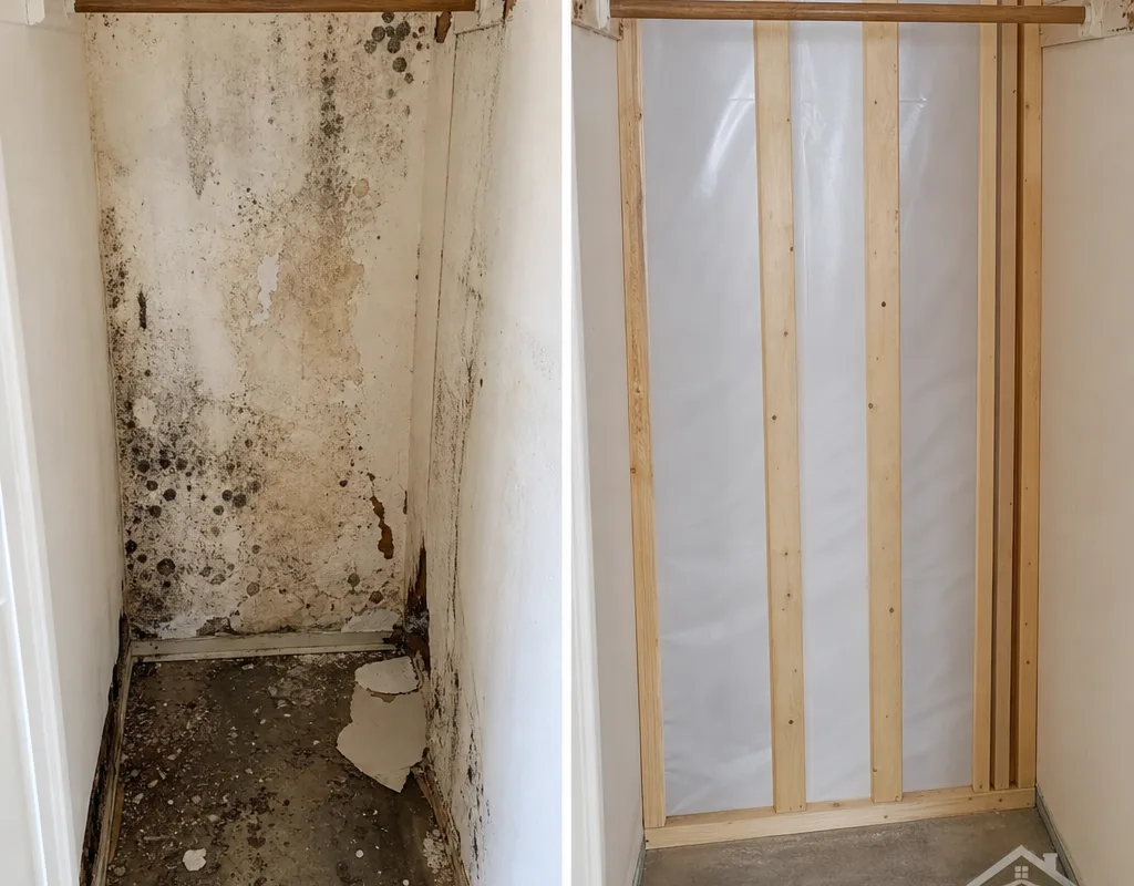 Before-and-after view of visible growth and staining in a closet wall followed by clean framing and treated surfaces