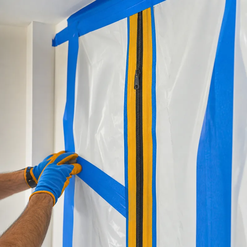 Sealed containment zipper door with taped seams around a room entry to prevent spore spread