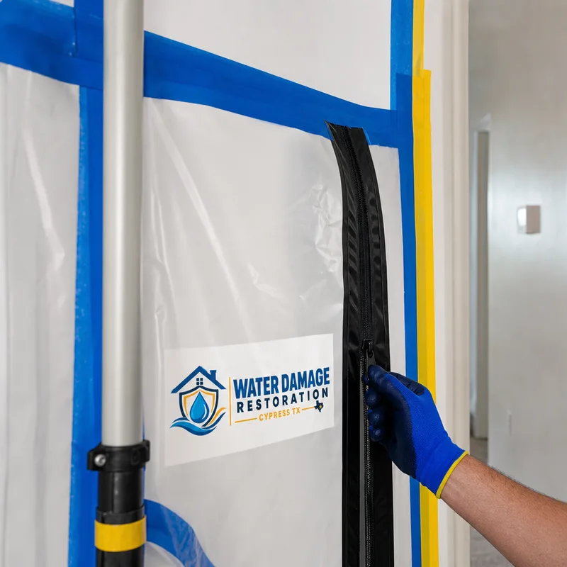 Sealed containment zipper door with taped seams around a room entry to prevent spore spread