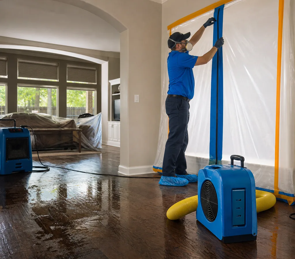 Technician in protective gear setting up a containment doorway and HEPA air scrubber in a Cypress home during mold remediation