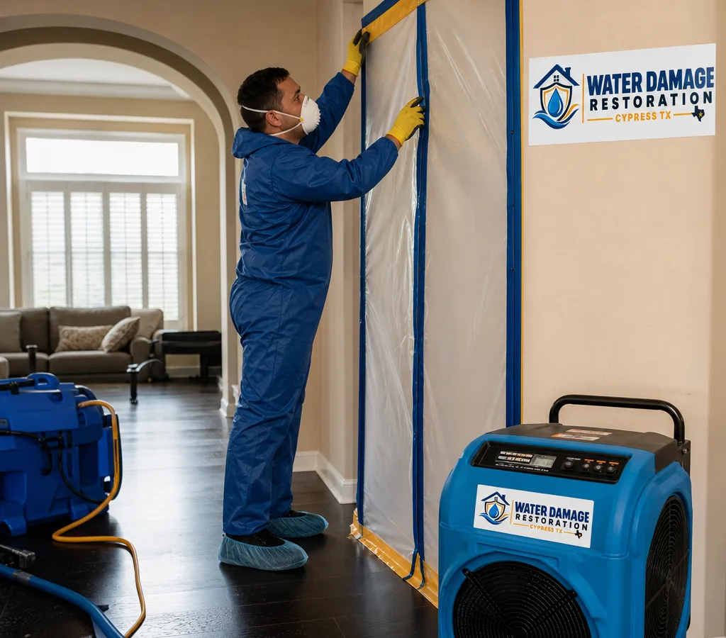 Technician in protective gear setting up a containment doorway and HEPA air scrubber in a Cypress home during mold remediation