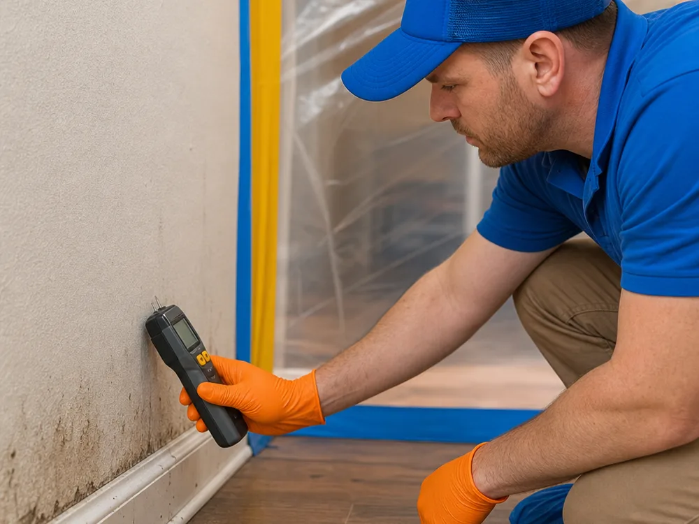 Moisture meter being used on drywall near a baseboard with containment plastic in the background