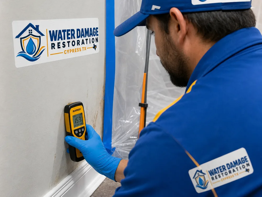 Moisture meter being used on drywall near a baseboard with containment plastic in the background