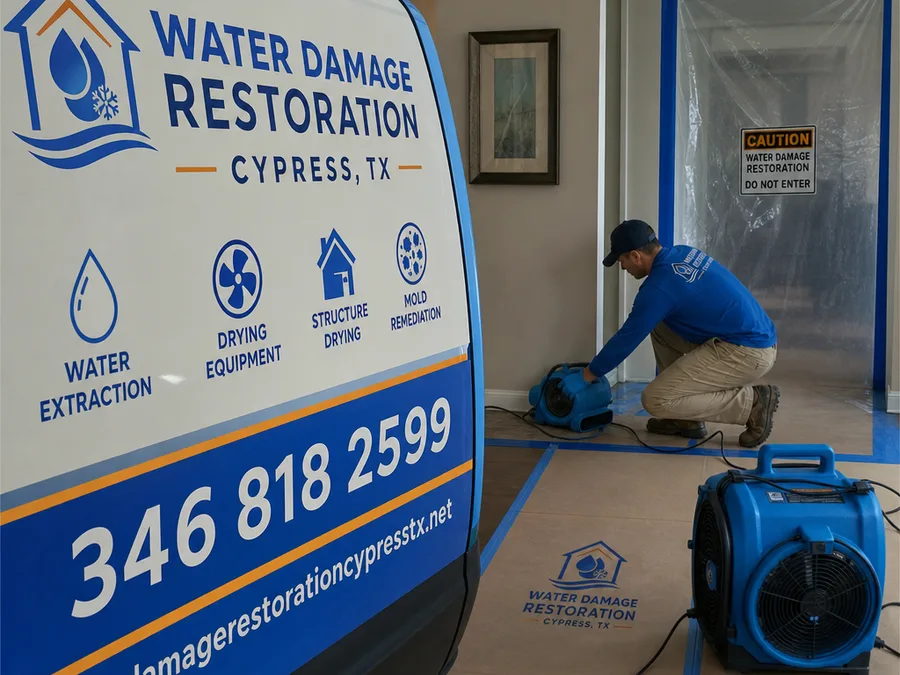 Technician placing air movers along a living room wall with protective flooring and containment barriers in place