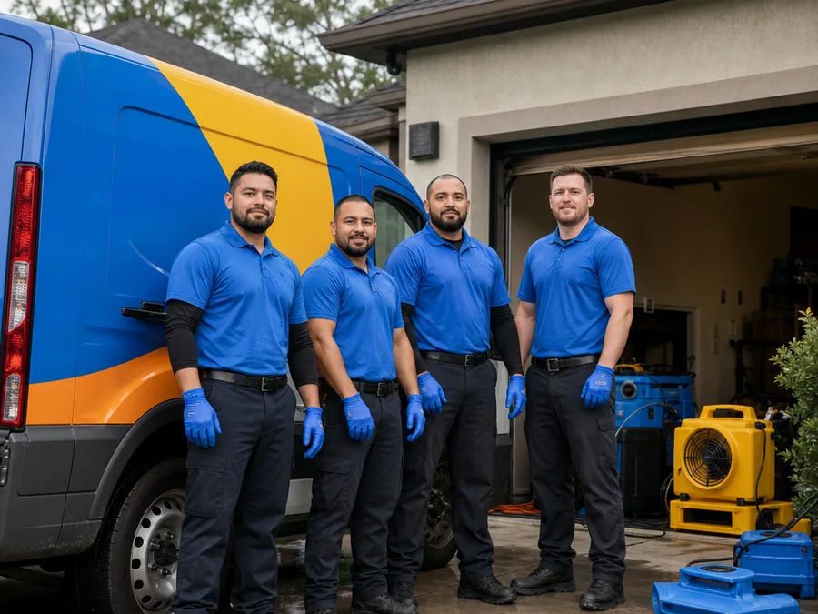 Restoration team beside a service vehicle with drying equipment staged in a residential garage