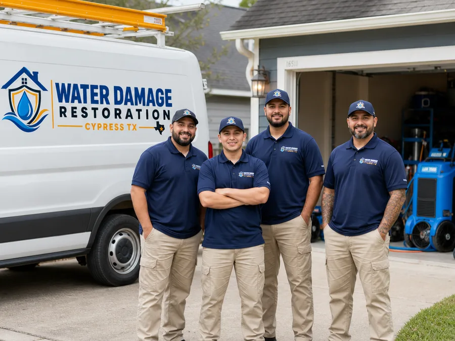 Restoration team beside a service vehicle with drying equipment staged in a residential garage