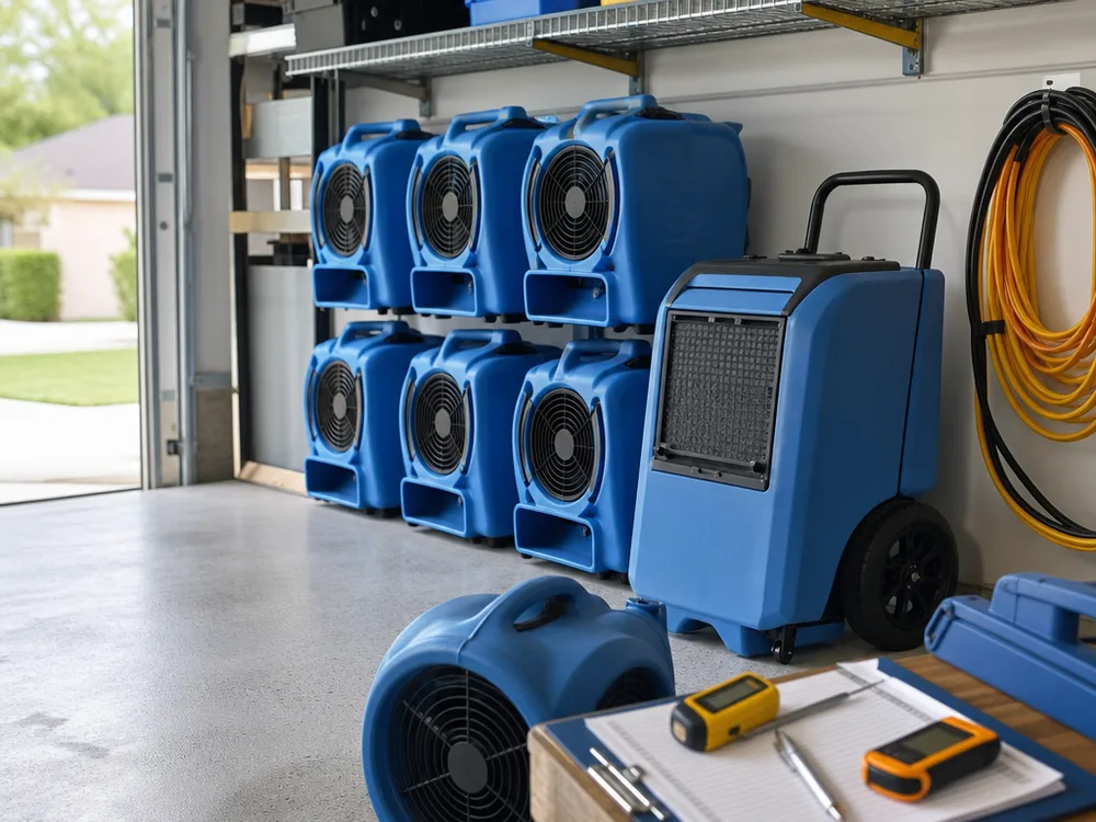 Organized drying equipment, moisture meters, and labeled documentation staged in a protected work area