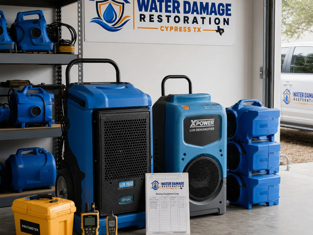 Organized drying equipment, moisture meters, and labeled documentation staged in a protected work area